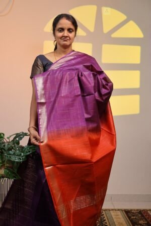 Semi Tussar Zari Checks -  Magenta with Orange