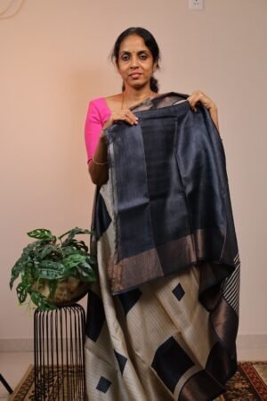 Pure Handloom Tussar Half & Half with Black stripes and Squares