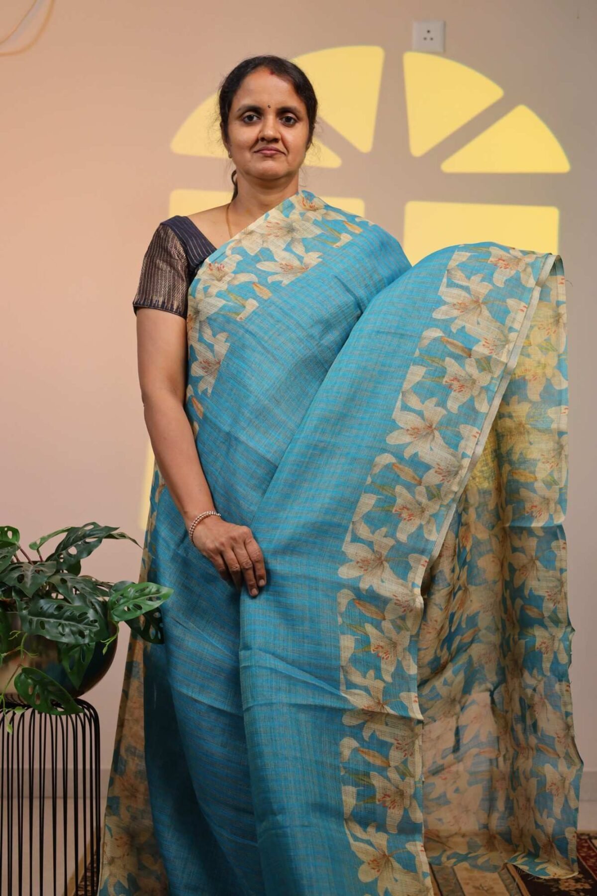 Semi Linen Floral - Turquoise Blue