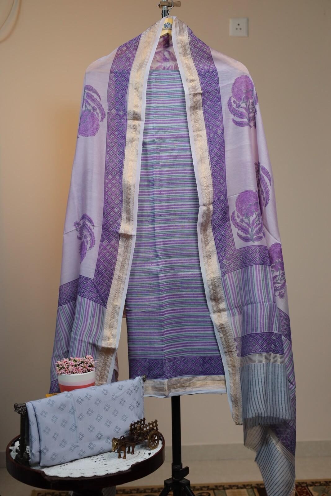 Maheswari Silk Unstitched Salwar - Purple Stripes