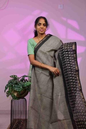 Kota Saree - Black Stripes with Leaf Motif in Big Black Border