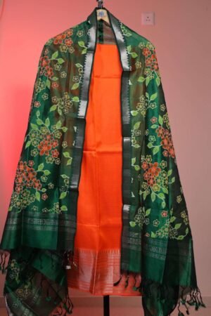 Mangalagiri Big Border Orange with Dark Green Dupatta