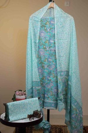 Cotton Salwar with Cotton Dupatta - Aquamarine Blue with Floral prints in soft Lavendery-Blue, White, and muted Olive Green.