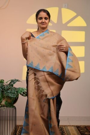 Semi Linen Tissue Saree-  Peach Beige with Blue Floral-Butta Details