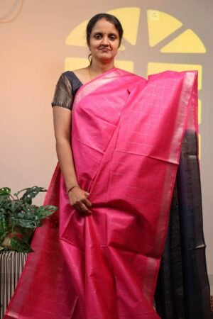 Semi Tussar Zari Checks - Lotus Pink with Blue