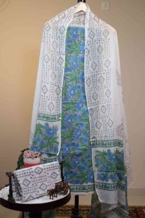 Cotton Salwar with Chiffon Dupatta - Ivory White with Blue & Green Floral Prints