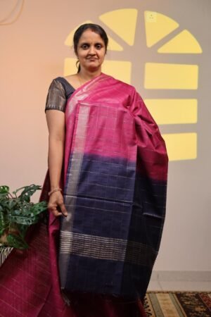 Semi Tussar Zari Checks - Pink with Blue