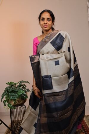 Pure Handloom Tussar Half & Half with Black stripes and Squares
