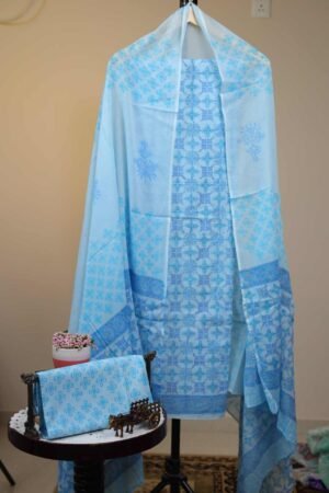 Cotton Salwar with Cotton Dupatta - Light powder Blue base with geometric Floral lattice patterns
