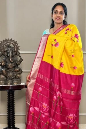Mangalagiri Silk - Yellow with Pink Zari Border