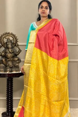 Mangalagiri Saree - Orange with Yellow Zari Border