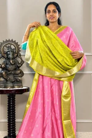 Mangalagiri Silk Saree - Pink with Lime Grenn Border