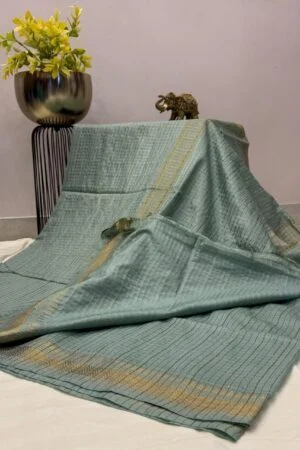 Semi Mangalagiri Tussar Saree - Sage Green with Antique Zari Border