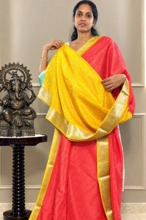 Mangalagiri Saree - Orange with Yellow Zari Border