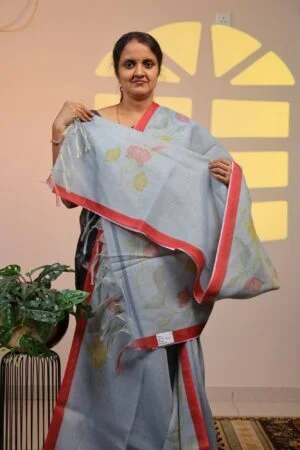 Semi Tissue Linen Saree - Slate Blue in Crimson Red Border