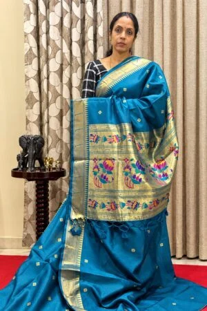 Cotton Silk Saree - Peacock Blue with Paithani Design in Zari Border