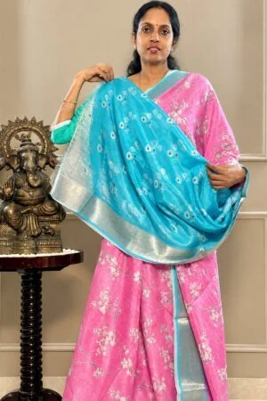 Mangalagiri Digital Print Saree - Pink with Blue Zari Border
