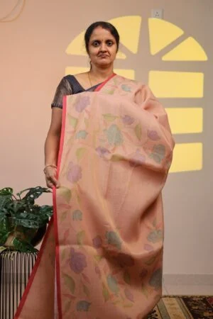 Semi Linen Tissue Saree - Blush Peach Floral in Red Border