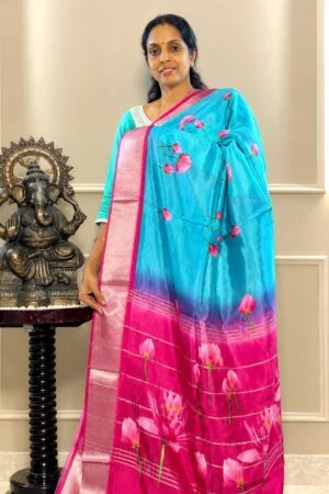 Mangalagiri Saree - Blue with Pink Zari Border