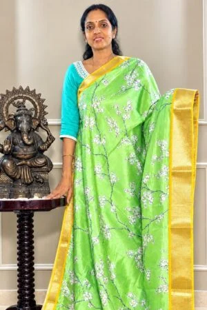 Mangalagiri Silk Saree- Pista Green with Yellow Border
