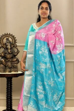 Mangalagiri Digital Print Saree - Pink with Blue Zari Border