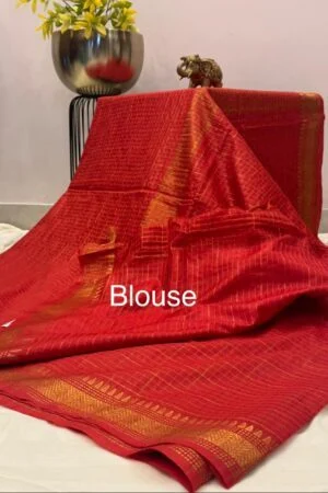 Semi Mangalagiri Tussar Saree - Orangish Red with Antique zari Border