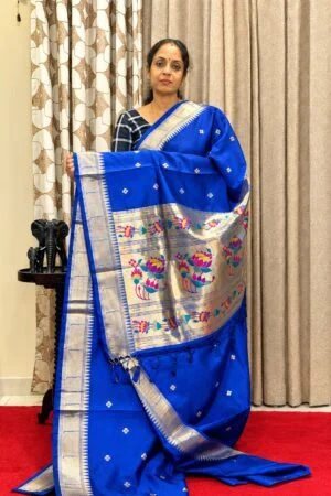 Cotton Silk Saree - Royal Blue with Paithani Design in Zari Border