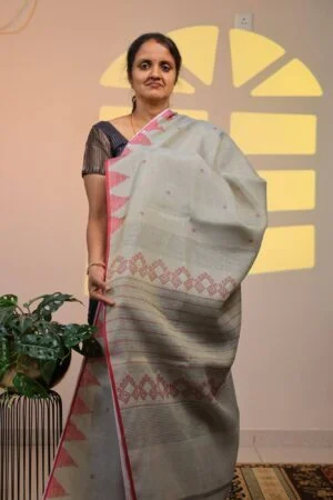 Semi Linen Tissue - Elegant Sage Grey Saree with Crimson Temple Border
