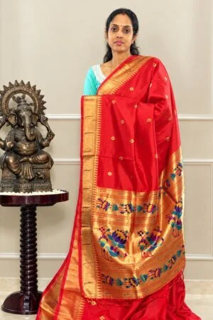 Cotton Silk Saree - Orange with Paithani Design in Zari Border