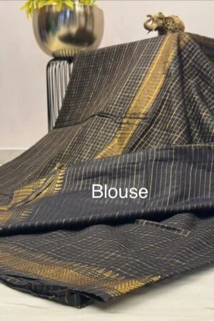Semi Mangalagiri Tussar Saree - Black with Antique Zari Border