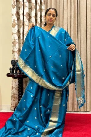 Cotton Silk Saree - Peacock Blue with Paithani Design in Zari Border
