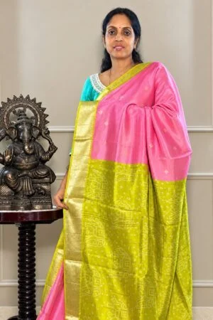 Mangalagiri Silk Saree - Pink with Lime Grenn Border