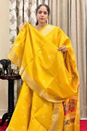 Cotton Silk Saree - Yellow with Paithani Design in Zari Border
