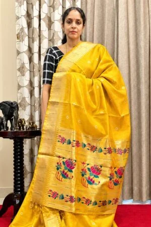Cotton Silk Saree - Yellow with Paithani Design in Zari Border