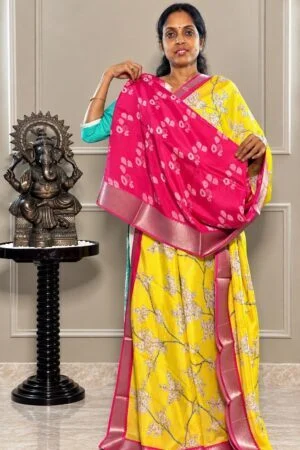Mangalagiri Silk Saree - Golden Yellow with Pink Zari Border