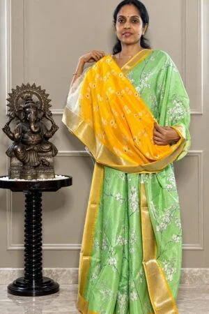 Mangalagiri Silk Saree- Pista Green with Yellow Border
